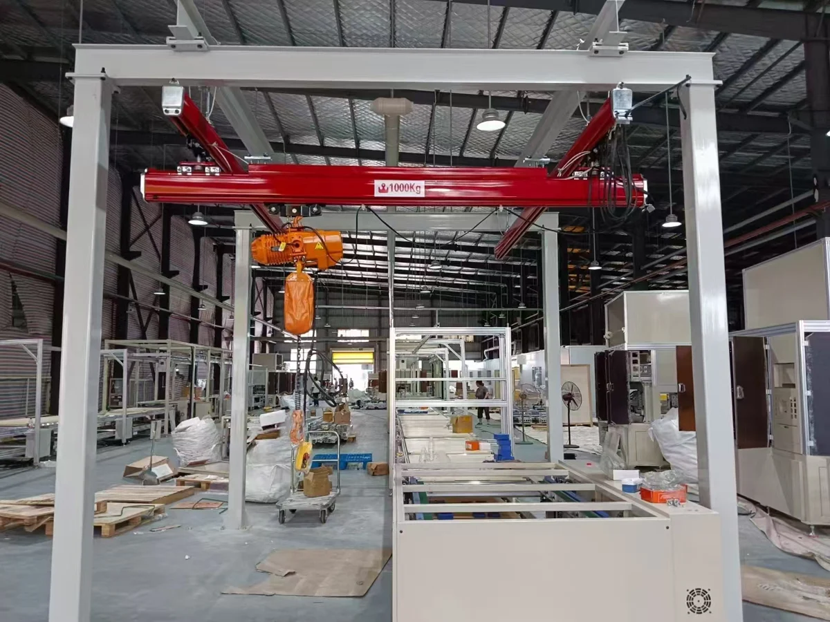 Compact overhead lifting systems serving multiple workshop stations
